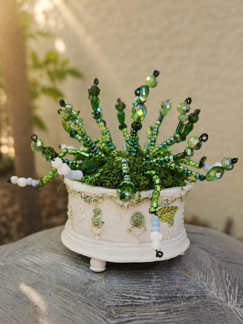 Handcrafted Green Beaded Succulent in White Decorative Pot